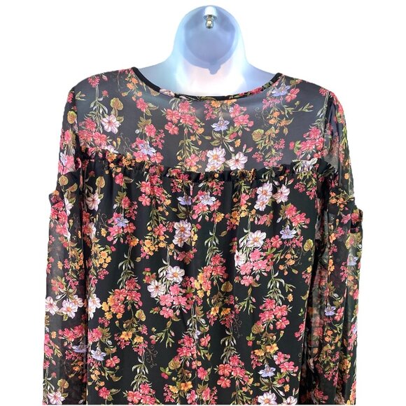 Womens Black Floral Shift Dress Sheer Neckline Sleeves Boho Whimsigoth Sz M - Picture 5 of 10